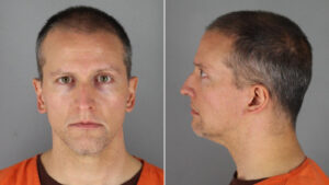 Side by side mug shot of former police officer Derek Chauvin following his arrest for the murder of George Floyd